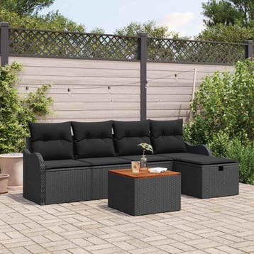vidaXL Tuinbankenset met kussen met opslag 6 pcs Zwart Poly, Verzenden, Nieuw, Rotan, 6 zitplaatsen