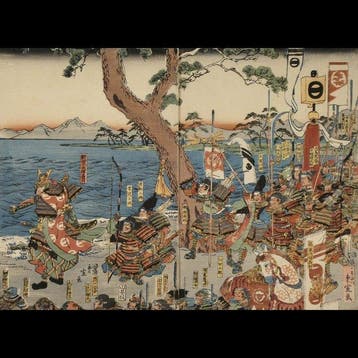 Nitta Yoshisada die zijn gouden zwaard in de zee smeet bij