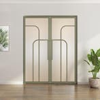 Dubbele stalen taatsdeur Olijfgroen 4 Vlaks rond Mat glas, Minder dan 80 cm, Overige typen, Nieuw, Metaal