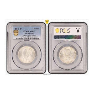 Nederland. Wilhelmina. 1 Gulden 1945 EP in PCGS slab MS63