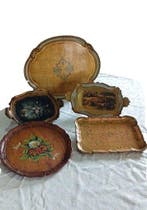 Themacollectie - Set di 5 Vassoi Vintage in Legno Decorato e