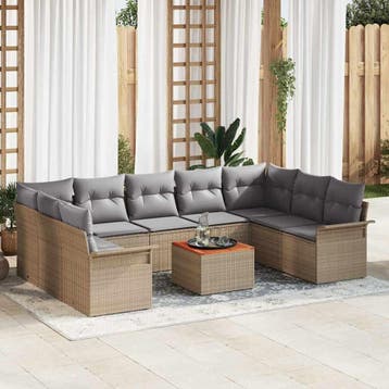 vidaXL Tuinbankenset 10 st 9-Aantal zitplaatsen Beige en, Verzenden, Nieuw, Rotan, Meer dan 8 zitplaatsen