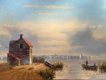 J H Boeckhout (XX) - Landschap met bootjes