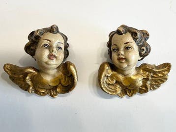 sculptuur, 2 Puttoengel - 10 cm - Hout, Goud, gesso - 1890