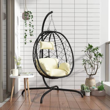 vidaXL Hangende Ei-stoel met Kussen Crèmewit Poly Rattan &, Verzenden, Nieuw