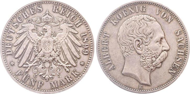 Duitsland 5 Mark Albert Sachsen 1899 E J 125 Albert zilver, Postzegels en Munten, Munten | Europa | Niet-Euromunten, Verzenden