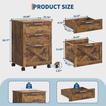 Mobiel 3-Laden Archiefkastje met Slot - Vintage Hout - Onder, Verzenden, Nieuw