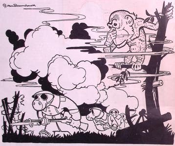 Soldaten, een aap en gifgas op Spotprent (lijst optie), Antiek en Kunst, Verzenden