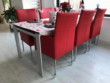 Set van 6 rode leren eetkamerstoelen - met wieltjes en hoge, Ophalen of Verzenden, Nieuw, Leer