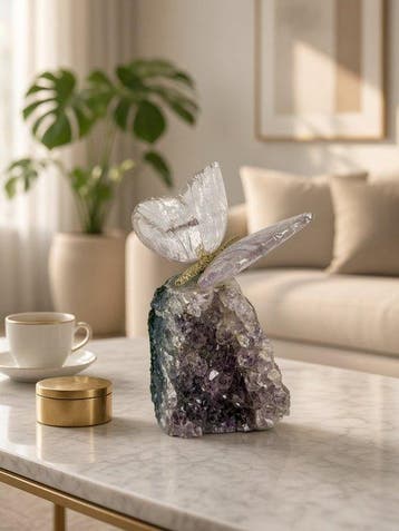 Handgesneden amethyst Vlinder op Amethist Cluster - geen