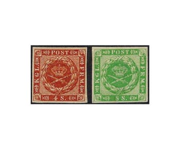 Denemarken 1858 - Wapen 4s Roodbruin en 8s Groen - Nº 8/9, Gestempeld