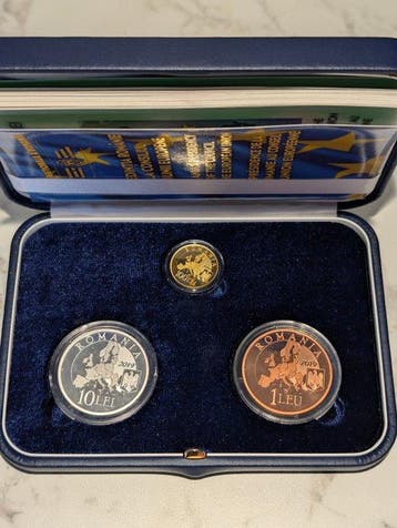 Roemenië. Set of 3 coins: 1, 10, 100 Lei 2019, incl. Gold &
