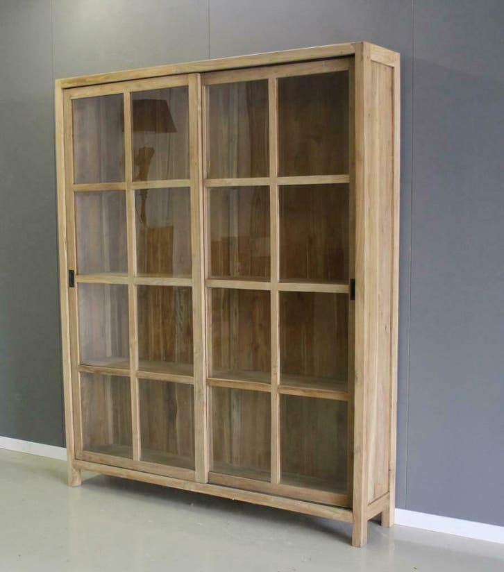 Boekenkast teakhout | schuifdeuren | 160cm | Indoteak, Huis en Inrichting, Kasten | Boekenkasten, 25 tot 50 cm, Met deur(en), Met plank(en)