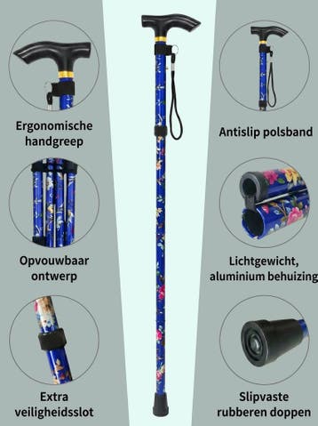 Luxe Opvouwbare - Verstelbare Wandelstok Blauwe Bloemen, Verzenden, Opvouwbaar, Nieuw