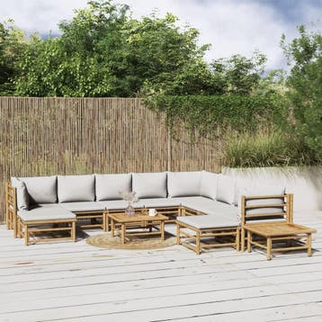 vidaXL 12-delige Loungeset met kussens bamboe lichtgrijs, Verzenden, Nieuw, Hout, Loungeset