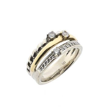 Bicolor ring van goud en zilver, zirconia; 14 karaat; rin..., 18 tot 19, Gebruikt, Ophalen of Verzenden, Met edelsteen
