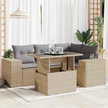 vidaXL 5-delige Loungeset met kussens poly rattan beige, Tuin en Terras, Verzenden, Nieuw, Loungeset