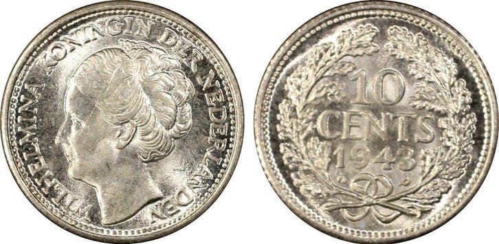 Koningin Wilhelmina 10 cent 1943 P, Postzegels en Munten, Munten | Nederland, Losse munt, 10 cent, Koningin Wilhelmina, Zilver