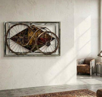 Wandbord - Metaal, Hout - Steampunk-fiets in Italië