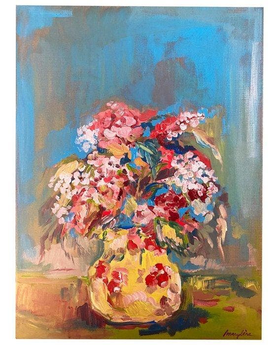 Marylène Madou - Hydrangea bouquet with ceramic vase, Antiek en Kunst, Kunst | Schilderijen | Modern