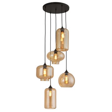 Hanglamp 5-Lichts Amber Rond - Woonkamer - Eetkamer, Huis en Inrichting, Lampen | Hanglampen, Verzenden, Nieuw, Glas