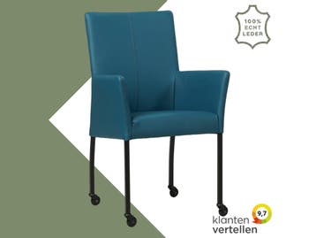 Leren eetkamerstoel Comfort met wieltjes en armleuning -, Blauw, Nieuw, Leer, Ophalen of Verzenden