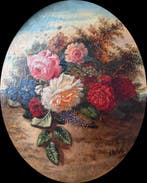 Hollandse School (XIX) - Ovaal bloem stilleven, Antiek en Kunst, Kunst | Schilderijen | Klassiek