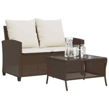 vidaXL Tuinbank 2-zits met kussens & tafel poly rattan bruin, Verzenden, Nieuw