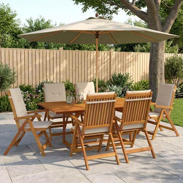 vidaXL Buiten Eetset met Parasol 8 st Crèmewit Massief, Verzenden, Nieuw, 8 zitplaatsen