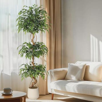 Kunst Ficus Boom met Gebogen Stam en Witte Pot - Realistisch, Verzenden