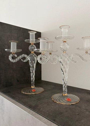 Maestri Murano - Kaarsenhouder (2) - Glas - Paar drie-armige, Antiek en Kunst