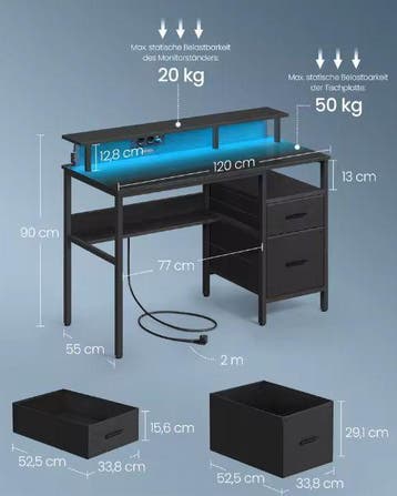 Verstelbaar Bureau met Lades &amp; LED – 120 cm, Monitorstandaar, Verzenden, Nieuw