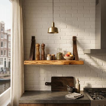 Massief Houten Wandplank + Leren Riemen | 60cm | €69,-, Verzenden, Nieuw