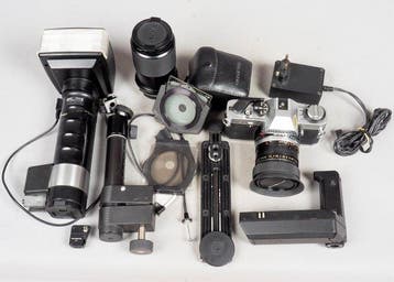 Olympus OM20 + winder + adapter- lenzen - Metz flitser +, Nieuw