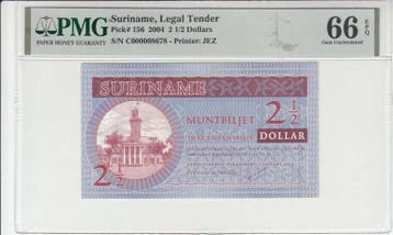 2004 Suriname 2½ Dollar Pick 156 Pmg Gem Unc 66 Epq, Verzenden