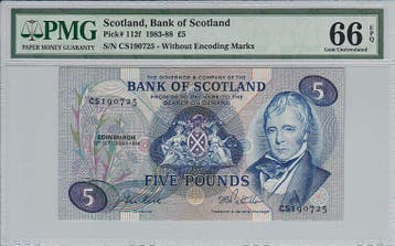 1984 Scotland 5 Pounds Pick 112f Pmg Gem Unc 66 Epq, Postzegels en Munten, Bankbiljetten | Europa | Niet-Eurobiljetten, Verzenden