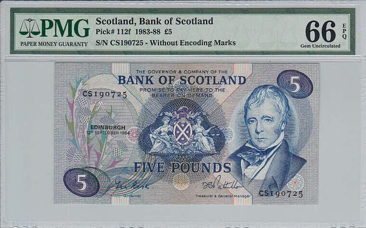 1984 Scotland 5 Pounds Pick 112f Pmg Gem Unc 66 Epq, Postzegels en Munten, Bankbiljetten | Europa | Niet-Eurobiljetten, Verzenden