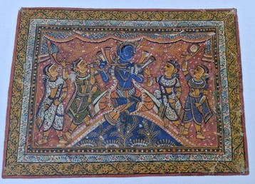 Antiek Pattachitra-schilderij – Krishna & Gopis - India -