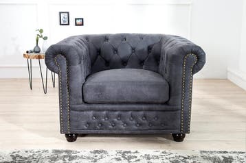 Chesterfield Fauteuil 105cm antiek grijs met knoopstiksels, Ophalen of Verzenden, Nieuw