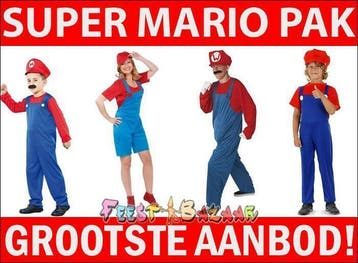 Super Mario pak Kind Man Vrouw - Verkleedpak Mario Kostuum, Ophalen of Verzenden, Nieuw, Jongen of Meisje