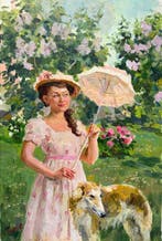 Vladimir Goussev (1957) - Sous les Lilas - Ombrelle Rose et, Antiek en Kunst, Kunst | Schilderijen | Klassiek