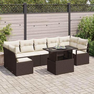 vidaXL Tuin Sofa Set met kussen 8 pcs Bruin en crème poly, Verzenden, Nieuw, Rotan, 8 zitplaatsen