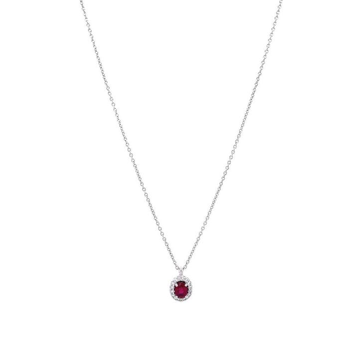 Witgouden entourage collier met robijn en diamant 14 krt, Sieraden, Tassen en Uiterlijk, Kettingen, Goud, Zo goed als nieuw, Met hanger