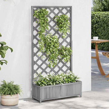 vidaXL Plantenbak met latwerk massief vurenhout grijs, Tuin en Terras, Bloembakken en Plantenbakken, Verzenden, Nieuw, Hout