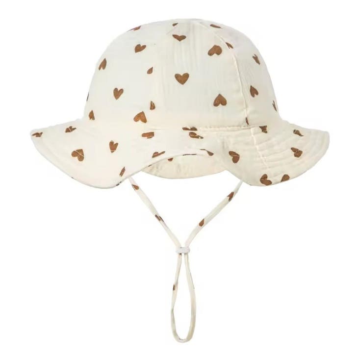 Zonnehoedje linnen look gebroken wit met bruine hartje, Kinderen en Baby's, Babykleding | Petten en Hoeden, Meisje, Nieuw, Verzenden