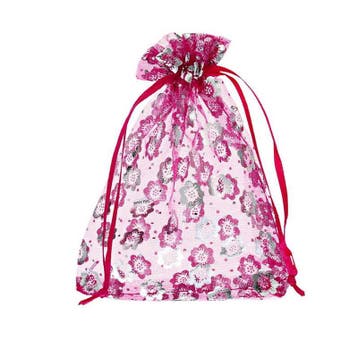 c.a. 100 x Organza zakjes 7 x 9cm Fuchsia, zilveren bloem, Ophalen of Verzenden, Nieuw
