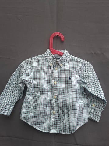 Ralph Lauren overhemd geruit turquoise donkerblauw wit, Zo goed als nieuw, Ralph Lauren, Jongetje, Overhemdje of Bloesje