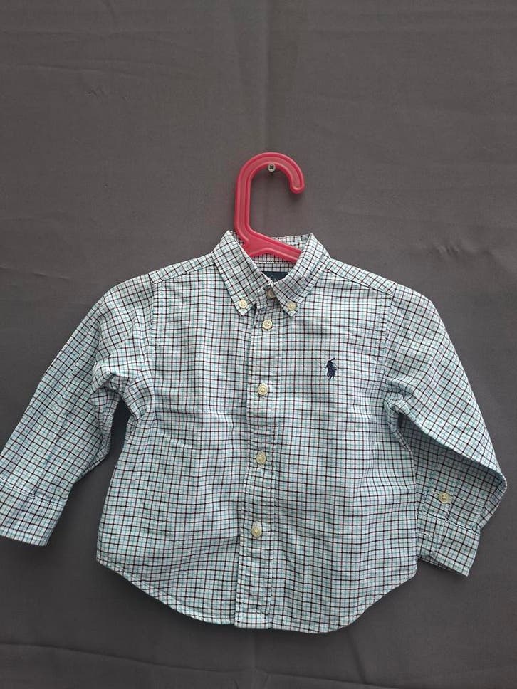 Ralph Lauren overhemd geruit turquoise donkerblauw wit, Kinderen en Baby's, Babykleding | Maat 80, Jongetje, Zo goed als nieuw