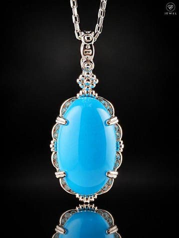 Blauwe turquoise edelsteen ketting - 925 sterling zilveren, Antiek en Kunst
