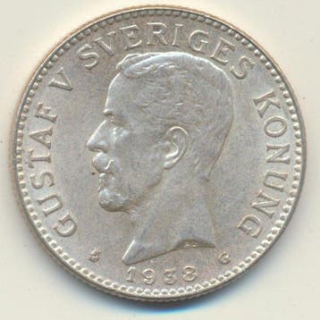 Zweden. Gustaf V. 2 Kronor 1938 (Zonder minimumprijs), Gestempeld